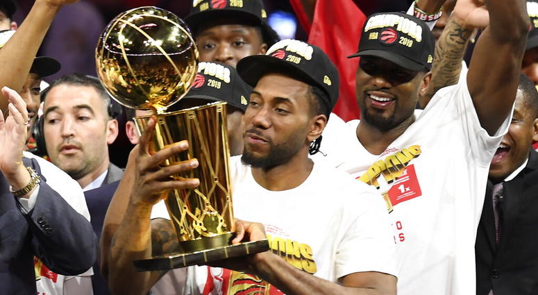 Toronto Raptors forward Kawhi Leonard holds Larry O'Brien NBA Championship Trophy after the Raptors defeated the Golden State Warriors 114-110 in Game 6 of basketball’s NBA Finals, Thursday, June 13, 2019, in Oakland, Calif. (Frank Gunn/The Canadian Press Toronto Raptors forward Kawhi Leonard holds Larry O'Brien NBA Championship Trophy after the Raptors defeated the Golden State Warriors 114-110 in Game 6 of basketball’s NBA Finals, Thursday, June 13, 2019, in Oakland, Calif. (Frank Gunn/The Canadian Press