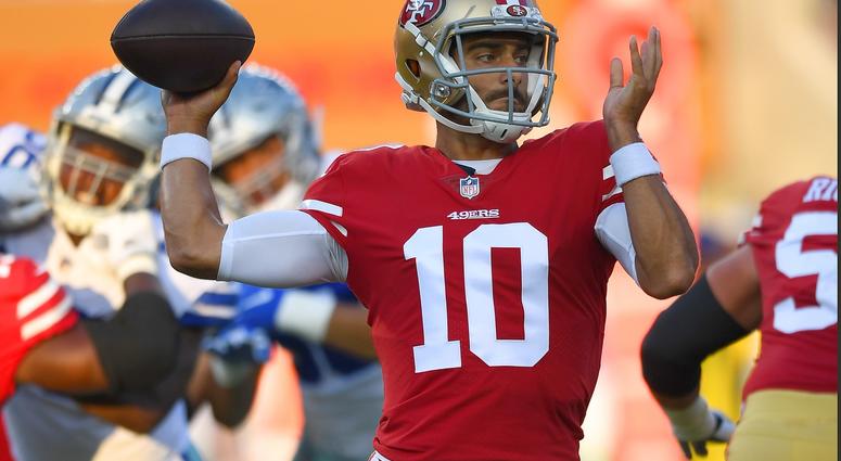 SANTA CLARA, CA - AUGUST 09: Jimmy Garoppolo #10 of the San Francisco 49ers drops back to pass against the Dallas Cowboys in the first quarter of their NFL preseason football game at Levi's Stadium on August 9, 2018 in Santa Clara, California. (Photo by T SANTA CLARA, CA - AUGUST 09: Jimmy Garoppolo #10 of the San Francisco 49ers drops back to pass against the Dallas Cowboys in the first quarter of their NFL preseason football game at Levi's Stadium on August 9, 2018 in Santa Clara, California. (Photo by T