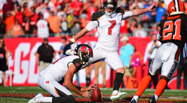 TAMPA, FL - OCTOBER 21: Chandler Catanzaro #7 of the Tampa Bay Buccaneers kicks the game-winning field goal in a 26-23 overtime win against the Cleveland Browns on October 21, 2018 at Raymond James Stadium in Tampa, Florida.(Photo by Julio Aguilar/Getty I TAMPA, FL - OCTOBER 21: Chandler Catanzaro #7 of the Tampa Bay Buccaneers kicks the game-winning field goal in a 26-23 overtime win against the Cleveland Browns on October 21, 2018 at Raymond James Stadium in Tampa, Florida.(Photo by Julio Aguilar/Getty I
