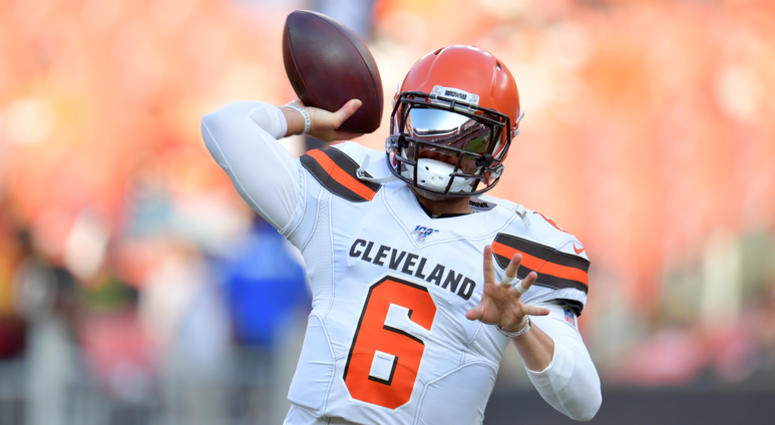 CLEVELAND, OHIO - AUGUST 08: Quarterback Baker Mayfield #6 of the Cleveland Browns warms up prior to a preseason game against the Washington Redskins at FirstEnergy Stadium on August 08, 2019 in Cleveland, Ohio. Cleveland Browns quarterback Baker Mayfield