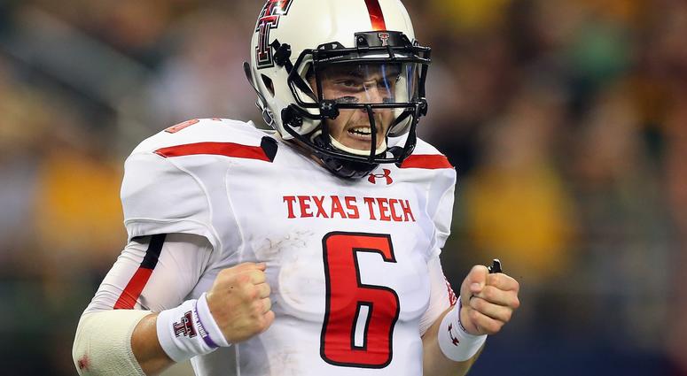 ARLINGTON, TX - NOVEMBER 16: Baker Mayfield #6 of the Texas Tech Red Raiders celebrates his second touchdown pass against the Baylor Bears at AT&T Stadium on November 16, 2013 in Arlington, Texas. (Photo by Ronald Martinez/Getty Images) ARLINGTON, TX - NOVEMBER 16: Baker Mayfield #6 of the Texas Tech Red Raiders celebrates his second touchdown pass against the Baylor Bears at AT&T Stadium on November 16, 2013 in Arlington, Texas. (Photo by Ronald Martinez/Getty Images)