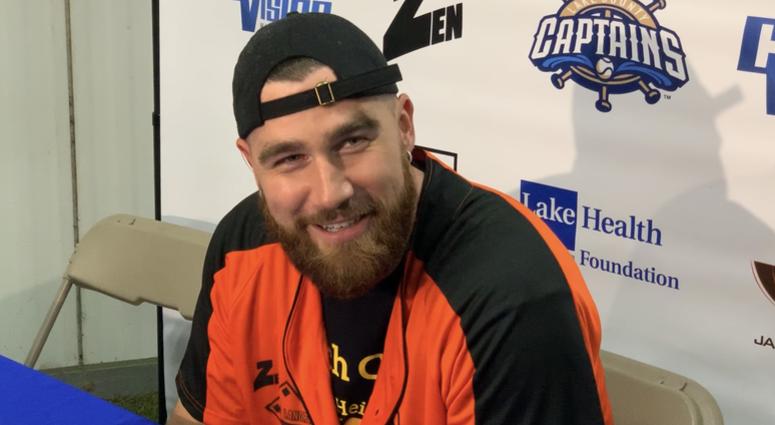 Chiefs tight end and Cleveland Heights native Travis Kelce speaks prior to Jarvis Landry's celebrity softball game at Classic Park on June 15, 2019.