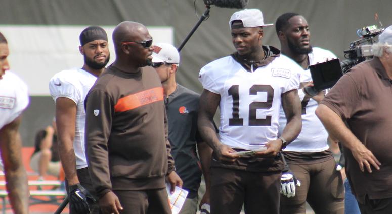 Browns receiver Josh Gordon chats with receivers coach Adam Henry during a practice on Aug. 19, 2018 Browns receiver Josh Gordon chats with receivers coach Adam Henry during a practice on Aug. 19, 2018