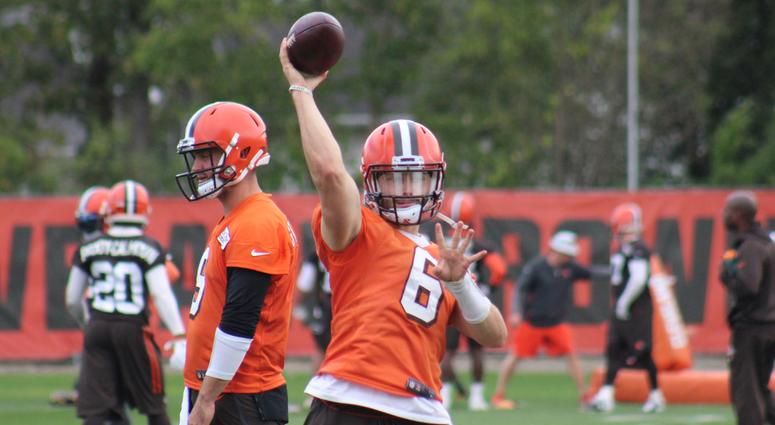Cleveland Browns quarterback Baker Mayfield throws during a September 24, 2018 practice Cleveland Browns Baker Mayfield September 24, 2018 practice