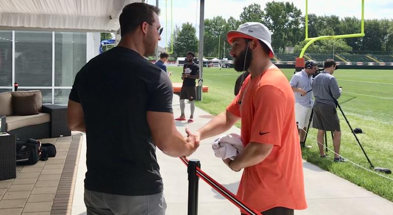 Former Browns No. 1 pick and quarterback Tim Couch shakes hands with Baker Mayfield, this year's No. 1 overall pick on July 30, 2018. Former Browns No. 1 pick and quarterback Tim Couch shakes hands with Baker Mayfield, this year's No. 1 overall pick on July 30, 2018.
