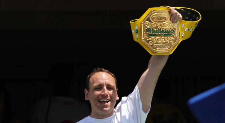 Jun 7, 2015; Long Pond, PA, USA; American competitive eater Joey Chestnut Joey Chestnut, 11 time Mustard Belt winner