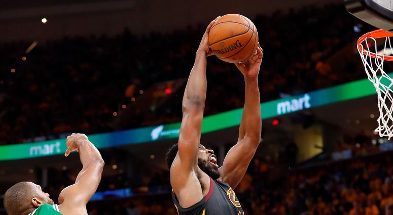 May 19, 2018; Cleveland, OH, USA; Cleveland Cavaliers center Tristan Thompson (13) rebounds the ball in front of Boston Celtics forward Al Horford (42) during the second half in game three of the Eastern conference finals of the 2018 NBA Playoffs at Quick May 19, 2018; Cleveland, OH, USA; Cleveland Cavaliers center Tristan Thompson (13) rebounds the ball in front of Boston Celtics forward Al Horford (42) during the second half in game three of the Eastern conference finals of the 2018 NBA Playoffs at Quick