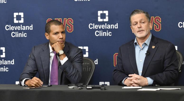 Jul 26, 2017; Cleveland, OH, USA; Cleveland Cavaliers general manager Koby Altman (L) and owner Dan Gilbert (R) speak during a press conference at Cleveland Clinic Courts. Mandatory Credit: David Richard-USA TODAY Sports Jul 26, 2017; Cleveland, OH, USA; Cleveland Cavaliers general manager Koby Altman (L) and owner Dan Gilbert (R) speak during a press conference at Cleveland Clinic Courts. Mandatory Credit: David Richard-USA TODAY Sports