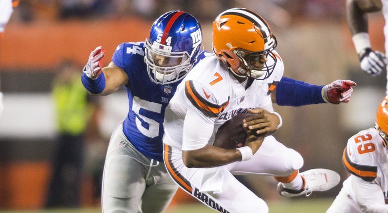 Cleveland Browns quarterback DeShone Kizer (7) is sacked by New York Giants defensive end Olivier Vernon (54) during the second quarter at FirstEnergy Stadium. Cleveland Browns quarterback DeShone Kizer (7) is sacked by New York Giants defensive end Olivier Vernon (54) during the second quarter at FirstEnergy Stadium.
