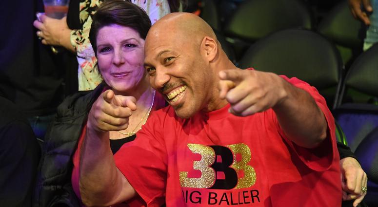 LaVar Ball (right) poses for cameras with his wife Tina (left) before game involving their son Los Angeles Lakers guard Lonzo Ball (not pictured) against the Golden State Warriors at Staples Center. LaVar Ball