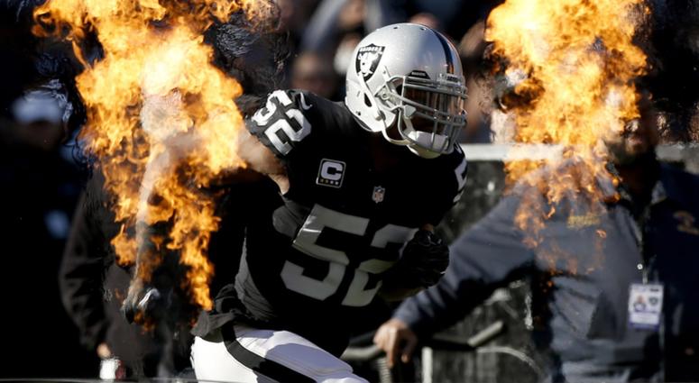 Oakland Raiders defensive end Khalil Mack (52) is introduced before the start of the game against the New York Giants at Oakland Coliseum. Oakland Raiders defensive end Khalil Mack (52) is introduced before the start of the game against the New York Giants at Oakland Coliseum.