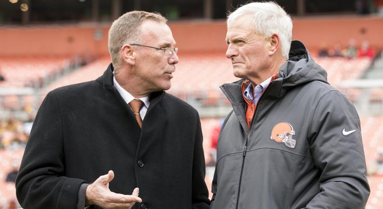 Cleveland Browns general manager John Dorsey, left, talks with team owner Jimmy Haslam during warmups before the game against the Green Bay Packers at FirstEnergy Stadium. Cleveland Browns general manager John Dorsey, left, talks with team owner Jimmy Haslam during warmups before the game against the Green Bay Packers at FirstEnergy Stadium.