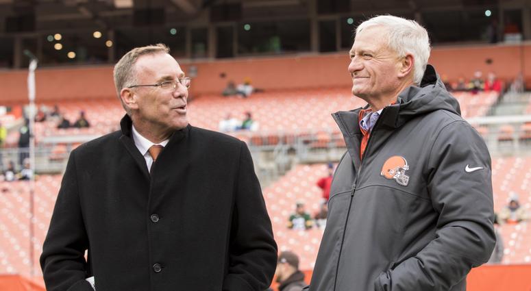 Cleveland Browns general manager John Dorsey, left, talks with team owner Jimmy Haslam during warmups before the game against the Green Bay Packers at FirstEnergy Stadium. Cleveland Browns general manager John Dorsey, left, talks with team owner Jimmy Haslam during warmups before the game against the Green Bay Packers at FirstEnergy Stadium.