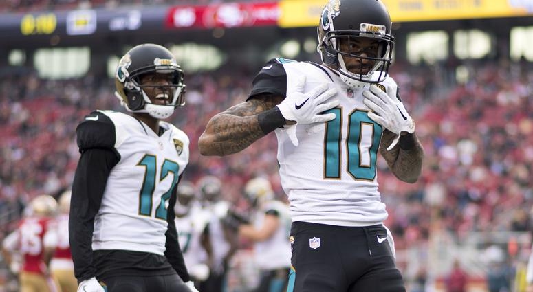 2017 File: Jacksonville Jaguars wide receiver Jaelen Strong (10) celebrates after scoring a touchdown in front of wide receiver Dede Westbrook (12) against the San Francisco 49ers during the second quarter at Levi's Stadium.