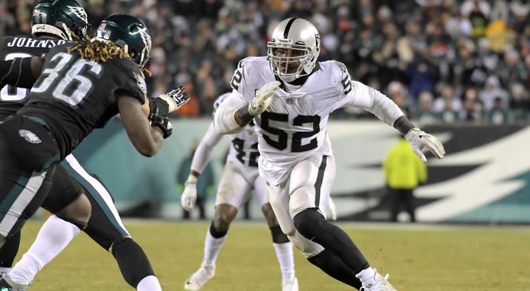 Oakland Raiders defensive end Khalil Mack (52) during an NFL football game against the Philadelphia Eagles at Lincoln Financial Field. Oakland Raiders defensive end Khalil Mack (52) during an NFL football game against the Philadelphia Eagles at Lincoln Financial Field.