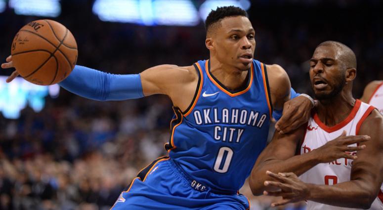 Mar 6, 2018; Oklahoma City, OK, USA; Oklahoma City Thunder guard Russell Westbrook (0) drives to the basket against Houston Rockets guard Chris Paul (3) during the fourth quarter at Chesapeake Energy Arena. Mandatory Credit: Mark D. Smith-USA TODAY Sports Mar 6, 2018; Oklahoma City, OK, USA; Oklahoma City Thunder guard Russell Westbrook (0) drives to the basket against Houston Rockets guard Chris Paul (3) during the fourth quarter at Chesapeake Energy Arena. Mandatory Credit: Mark D. Smith-USA TODAY Sports
