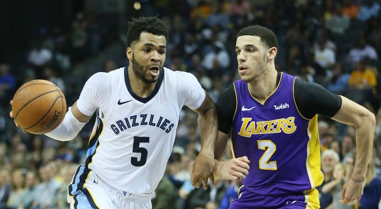 Memphis Grizzlies guard Andrew Harrison (5) drives against Los Angeles Lakers guard Lonzo Ball in the second half at FedExForum. Lakers won 100-93. Memphis Grizzlies guard Andrew Harrison (5) drives against Los Angeles Lakers guard Lonzo Ball in the second half at FedExForum. Lakers won 100-93.