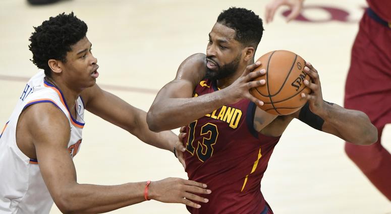 Apr 11, 2018; Cleveland, OH, USA; Cleveland Cavaliers center Tristan Thompson (13) drives against New York Knicks forward Lance Thomas (42) in the second quarter Apr 11, 2018; Cleveland, OH, USA; Cleveland Cavaliers center Tristan Thompson (13) drives against New York Knicks forward Lance Thomas (42) in the second quarter
