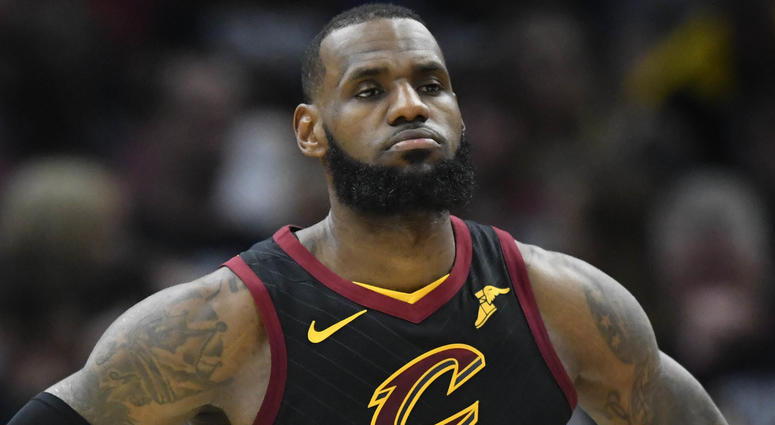 Cleveland Cavaliers forward LeBron James (23) reacts in the second quarter against the Indiana Pacers in game one of the first round of the 2018 NBA Playoffs at Quicken Loans Arena. Cleveland Cavaliers forward LeBron James (23) reacts in the second quarter against the Indiana Pacers in game one of the first round of the 2018 NBA Playoffs at Quicken Loans Arena.
