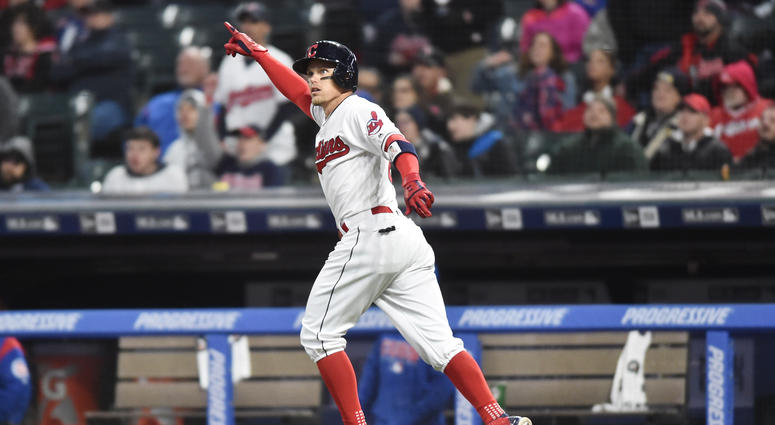 Apr 25, 2018; Cleveland, OH, USA; Cleveland Indians right fielder Brandon Guyer (6) watches his home run during the fifth inning against the Chicago Cubs at Progressive Field. Apr 25, 2018; Cleveland, OH, USA; Cleveland Indians right fielder Brandon Guyer (6) watches his home run during the fifth inning against the Chicago Cubs at Progressive Field.