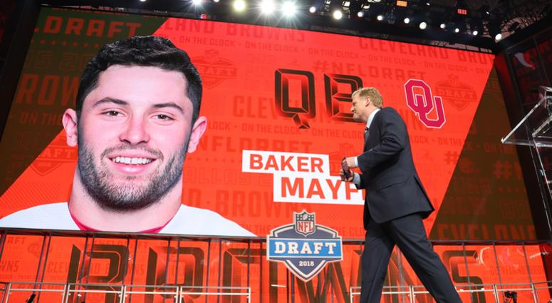 Apr 26, 2018; Arlington, TX, USA; NFL commissioner commissioner Roger Goodell walks off stage as Baker Mayfield is selected as the number one overall pick to the Cleveland Browns in the first round of the 2018 NFL Draft at AT&T Stadium. Apr 26, 2018; Arlington, TX, USA; NFL commissioner commissioner Roger Goodell walks off stage as Baker Mayfield is selected as the number one overall pick to the Cleveland Browns in the first round of the 2018 NFL Draft at AT&T Stadium.