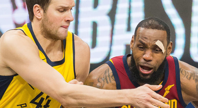 Cleveland Cavaliers forward LeBron James (23) dribbles the ball while Indiana Pacers forward Bojan Bogdanovic (44) defends in the second half of game six in the first round of the 2018 NBA Playoffs at Bankers Life Fieldhouse. Cleveland Cavaliers forward LeBron James (23) dribbles the ball while Indiana Pacers forward Bojan Bogdanovic (44) defends in the second half of game six in the first round of the 2018 NBA Playoffs at Bankers Life Fieldhouse.