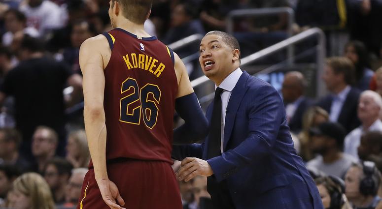 Cavaliers coach Tyronn Lue talks to guard Kyle Korver (26) during a break in the action against the Toronto Raptors during game one of the second round of the 2018 NBA Playoffs at Air Canada Centre. Cavaliers coach Tyronn Lue talks to guard Kyle Korver (26) during a break in the action against the Toronto Raptors during game one of the second round of the 2018 NBA Playoffs at Air Canada Centre.