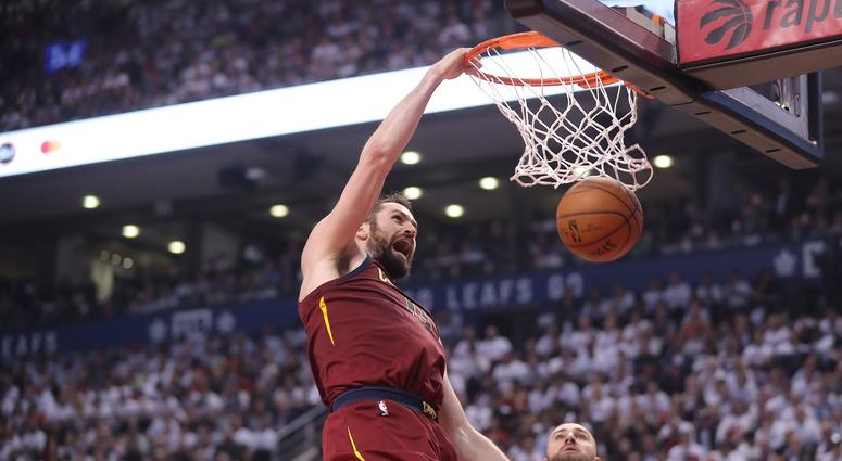 May 3, 2018; Toronto, Ontario, CAN; Cleveland Cavaliers forward Kevin Love (0) dunks the ball against the Toronto Raptors in game two of the second round of the 2018 NBA Playoffs at Air Canada Centre. Mandatory Credit: Tom Szczerbowski-USA TODAY Sports May 3, 2018; Toronto, Ontario, CAN; Cleveland Cavaliers forward Kevin Love (0) dunks the ball against the Toronto Raptors in game two of the second round of the 2018 NBA Playoffs at Air Canada Centre. Mandatory Credit: Tom Szczerbowski-USA TODAY Sports
