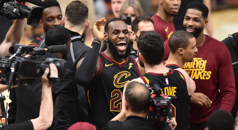May 5, 2018; Cleveland, OH, USA; Cleveland Cavaliers forward LeBron James (23) celebrates teammates after hitting the final basket to win the game against the Toronto Raptors in game three of the second round of the NBA Playoffs at Quicken Loans Arena. May 5, 2018; Cleveland, OH, USA; Cleveland Cavaliers forward LeBron James (23) celebrates teammates after hitting the final basket to win the game against the Toronto Raptors in game three of the second round of the NBA Playoffs at Quicken Loans Arena.