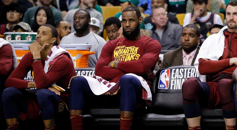 Cavaliers forward LeBron James (23) watches the action against the Boston Celtics from the bench during the fourth quarter in game one of the Eastern conference finals of the 2018 NBA Playoffs at TD Garden Cavaliers forward LeBron James (23) watches the action against the Boston Celtics from the bench during the fourth quarter in game one of the Eastern conference finals of the 2018 NBA Playoffs at TD Garden