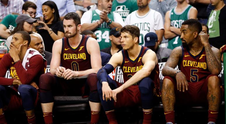 Cavaliers center Kevin Love (0), guard Kyle Korver (26), and guard JR Smith (5) watch the end of the fourth quarter against the Boston Celtics in game two of the Eastern conference finals of the 2018 NBA Playoffs at TD Garden. Cavaliers center Kevin Love (0), guard Kyle Korver (26), and guard JR Smith (5) watch the end of the fourth quarter against the Boston Celtics in game two of the Eastern conference finals of the 2018 NBA Playoffs at TD Garden.
