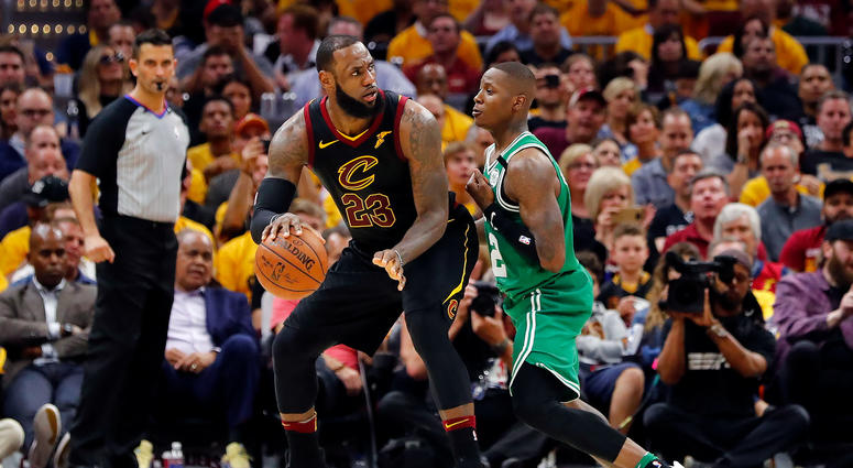 May 19, 2018; Cleveland, OH, USA; Cleveland Cavaliers forward LeBron James (23) drives against Boston Celtics guard Terry Rozier (12) in game three of the Eastern conference finals of the 2018 NBA Playoffs at Quicken Loans Arena. May 19, 2018; Cleveland, OH, USA; Cleveland Cavaliers forward LeBron James (23) drives against Boston Celtics guard Terry Rozier (12) in game three of the Eastern conference finals of the 2018 NBA Playoffs at Quicken Loans Arena.
