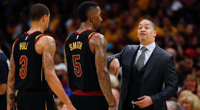 Cavaliers head coach Tyronn Lue talks with guard JR Smith (5) during the second half against the Boston Celtics in game three of the Eastern conference finals of the 2018 NBA Playoffs at Quicken Loans Arena. Cavaliers head coach Tyronn Lue talks with guard JR Smith (5) during the second half against the Boston Celtics in game three of the Eastern conference finals of the 2018 NBA Playoffs at Quicken Loans Arena.