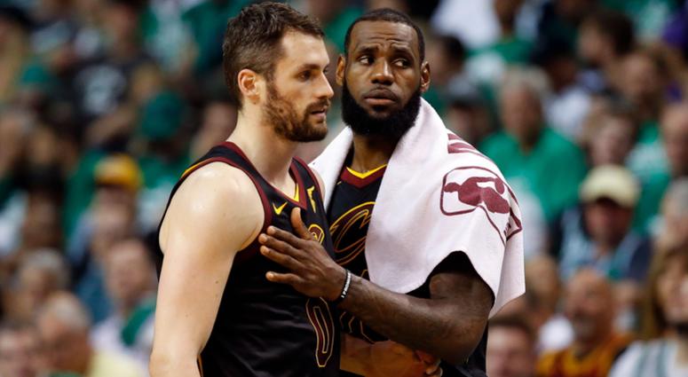 Cleveland Cavaliers center Kevin Love (0) and forward LeBron James (23) talk during the second quarter of game five against the Boston Celtics in the Eastern conference finals of the 2018 NBA Playoffs at TD Garden. Cleveland Cavaliers center Kevin Love (0) and forward LeBron James (23) talk during the second quarter of game five against the Boston Celtics in the Eastern conference finals of the 2018 NBA Playoffs at TD Garden.
