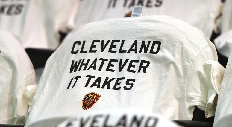 T-shirts line the seats before game six of the Eastern conference finals of the 2018 NBA Playoffs at Quicken Loans Arena. T-shirts line the seats before game six of the Eastern conference finals of the 2018 NBA Playoffs at Quicken Loans Arena.