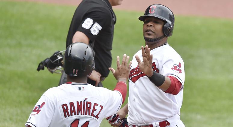 May 30, 2018; Cleveland, OH, USA; Cleveland Indians third baseman Jose Ramirez (11) and designated hitter Edwin Encarnacion (10) celebrate after scoring in the third inning against the Chicago White Sox at Progressive Field. May 30, 2018; Cleveland, OH, USA; Cleveland Indians third baseman Jose Ramirez (11) and designated hitter Edwin Encarnacion (10) celebrate after scoring in the third inning against the Chicago White Sox at Progressive Field.