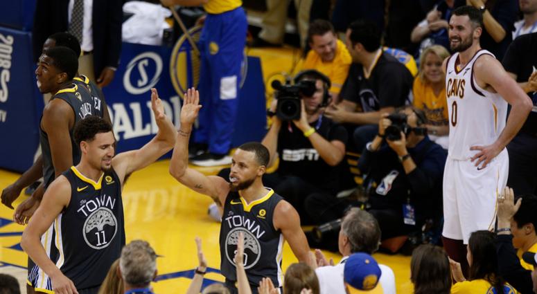 Jun 3, 2018; Oakland, CA, USA; Golden State Warriors guard Klay Thompson (11) and guard Stephen Curry (30) celebrate in front of Cleveland Cavaliers center Kevin Love (0) during the second half in game two of the 2018 NBA Finals at Oracle Arena. Jun 3, 2018; Oakland, CA, USA; Golden State Warriors guard Klay Thompson (11) and guard Stephen Curry (30) celebrate in front of Cleveland Cavaliers center Kevin Love (0) during the second half in game two of the 2018 NBA Finals at Oracle Arena.