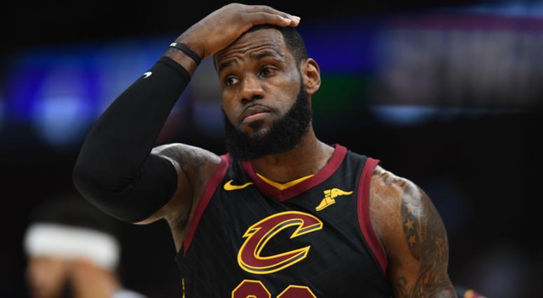 Cleveland Cavaliers forward LeBron James (23) reacts during the first half against the Golden State Warriors in game three of the 2018 NBA Finals at Quicken Loans Arena Cleveland Cavaliers forward LeBron James (23) reacts during the first half against the Golden State Warriors in game three of the 2018 NBA Finals at Quicken Loans Arena