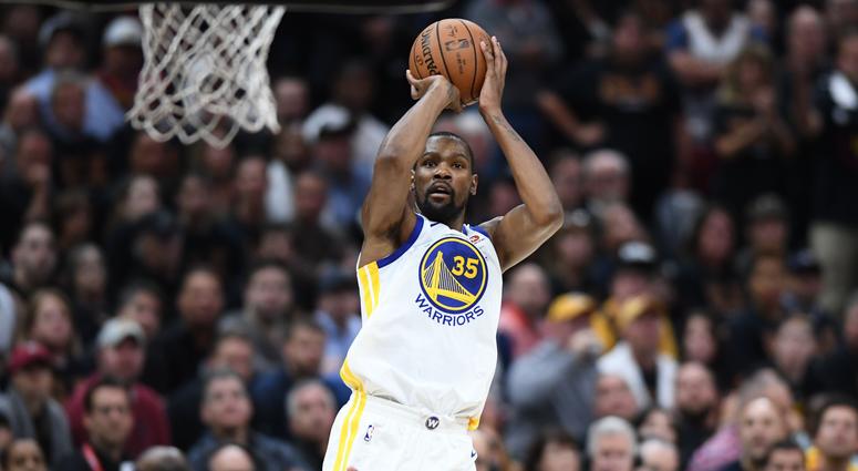 Golden State Warriors forward Kevin Durant (35) shoots against the Cleveland Cavaliers during the second quarter in game three of the 2018 NBA Finals at Quicken Loans Arena. Golden State Warriors forward Kevin Durant (35) shoots against the Cleveland Cavaliers during the second quarter in game three of the 2018 NBA Finals at Quicken Loans Arena.