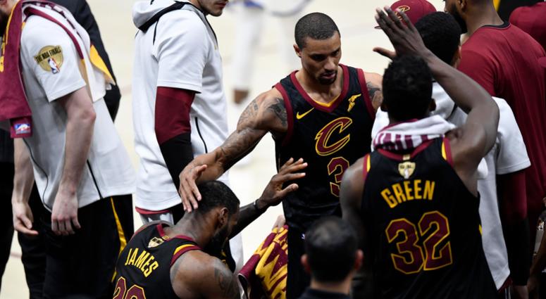 Jun 8, 2018; Cleveland, OH, USA; Cleveland Cavaliers forward LeBron James (23) reacts with guard George Hill (3) at the bench after leaving the game during the fourth quarter in game four of the 2018 NBA Finals Golden State Warriors at Quicken Loans Arena Jun 8, 2018; Cleveland, OH, USA; Cleveland Cavaliers forward LeBron James (23) reacts with guard George Hill (3) at the bench after leaving the game during the fourth quarter in game four of the 2018 NBA Finals Golden State Warriors at Quicken Loans Arena