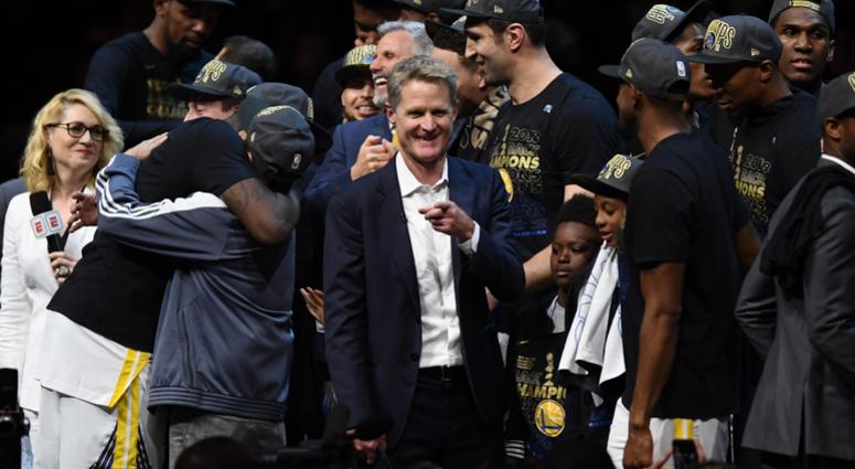 Golden State Warriors head coach Steve Kerr reacts after defeating the Cleveland Cavaliers in game four of the 2018 NBA Finals at Quicken Loans Arena. Golden State Warriors head coach Steve Kerr reacts after defeating the Cleveland Cavaliers in game four of the 2018 NBA Finals at Quicken Loans Arena.