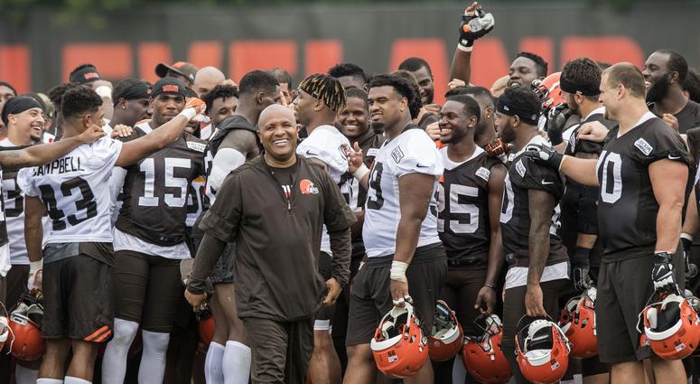 Cleveland Browns head coach Hue Jackson walks away from the team after the completion of minicamp at the Cleveland Browns training facility. Cleveland Browns head coach Hue Jackson walks away from the team after the completion of minicamp at the Cleveland Browns training facility.