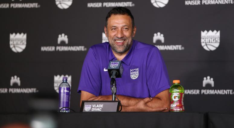 Sacramento Kings vice president of basketball Vlade Divac laughs during an introduction press conference at Golden 1 Center. Sacramento Kings vice president of basketball Vlade Divac laughs during an introduction press conference at Golden 1 Center.