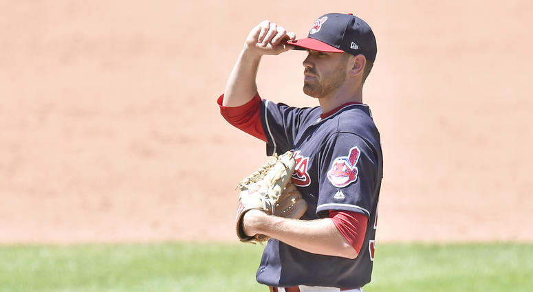 Jul 8, 2018; Cleveland, OH, USA; Cleveland Indians starting pitcher Shane Bieber (57) reacts after giving up a home run in the sixth inning against the Oakland Athletics at Progressive Field. Jul 8, 2018; Cleveland, OH, USA; Cleveland Indians starting pitcher Shane Bieber (57) reacts after giving up a home run in the sixth inning against the Oakland Athletics at Progressive Field.
