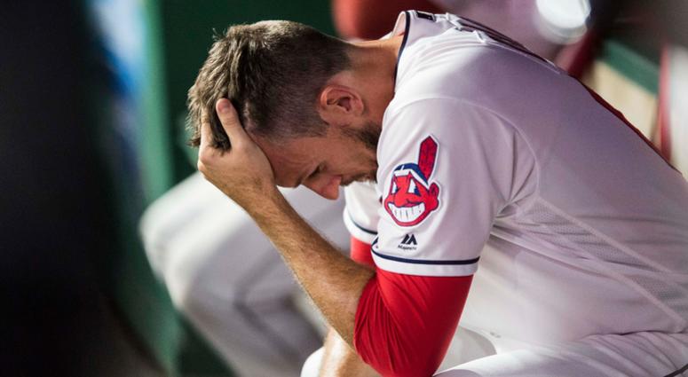 Jul 10, 2018; Cleveland, OH, USA; Cleveland Indians relief pitcher Dan Otero (61) holds his head in the dugout after giving up the go-ahead hit to the Cincinnati Reds during the ninth inning at Progressive Field. Jul 10, 2018; Cleveland, OH, USA; Cleveland Indians relief pitcher Dan Otero (61) holds his head in the dugout after giving up the go-ahead hit to the Cincinnati Reds during the ninth inning at Progressive Field.