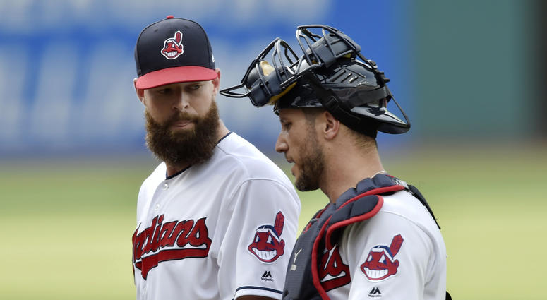 Jul 12, 2018; Cleveland, OH, USA; Cleveland Indians starting pitcher Corey Kluber (28) talks with catcher Yan Gomes (7) in the first inning against the New York Yankees at Progressive Field. Jul 12, 2018; Cleveland, OH, USA; Cleveland Indians starting pitcher Corey Kluber (28) talks with catcher Yan Gomes (7) in the first inning against the New York Yankees at Progressive Field.