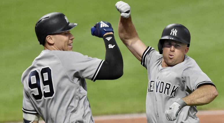 New York Yankees left fielder Brett Gardner (right) celebrates with right fielder Aaron Judge (99) after hitting a solo home run in the ninth inning against the Cleveland Indians at Progressive Field. New York Yankees left fielder Brett Gardner (right) celebrates with right fielder Aaron Judge (99) after hitting a solo home run in the ninth inning against the Cleveland Indians at Progressive Field.