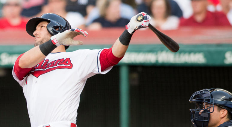 Jul 13, 2018; Cleveland, OH, USA; Cleveland Indians catcher Yan Gomes (7) hits an RBI double during the second inning against the New York Yankees at Progressive Field. Jul 13, 2018; Cleveland, OH, USA; Cleveland Indians catcher Yan Gomes (7) hits an RBI double during the second inning against the New York Yankees at Progressive Field.