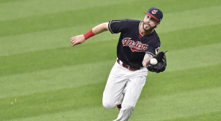 Jul 24, 2018; Cleveland, OH, USA; Cleveland Indians center fielder Tyler Naquin (30) makes a catch in the eighth inning against the Pittsburgh Pirates at Progressive Field. Jul 24, 2018; Cleveland, OH, USA; Cleveland Indians center fielder Tyler Naquin (30) makes a catch in the eighth inning against the Pittsburgh Pirates at Progressive Field.