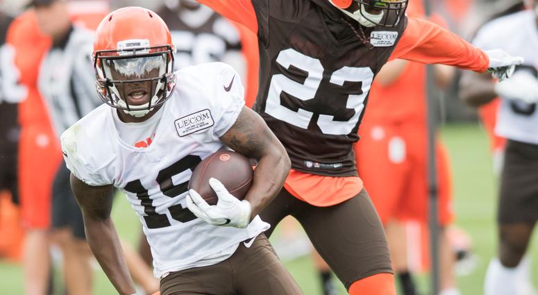 Cleveland Browns wide receiver Corey Coleman (19) runs with the ball as defensive back Damarious Randall (23) defends during training camp at the Cleveland Browns Training Complex. Cleveland Browns wide receiver Corey Coleman (19) runs with the ball as defensive back Damarious Randall (23) defends during training camp at the Cleveland Browns Training Complex.